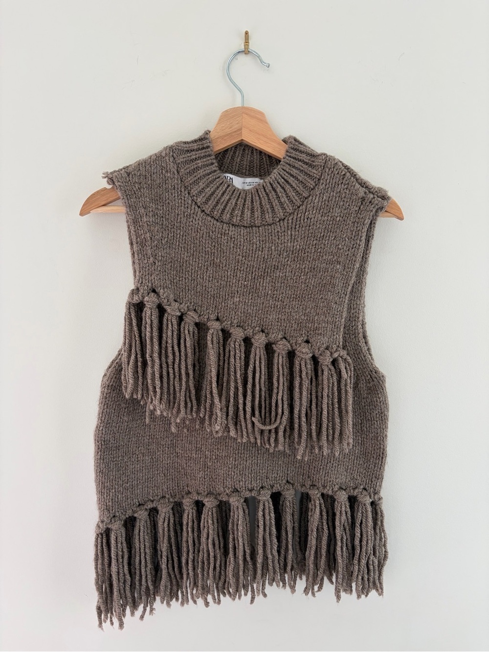 Zara Boho Taupe Brown Brown Grey Fringe Sleeveless crewneck Knit Top Vest, M - Picture 3 of 7
